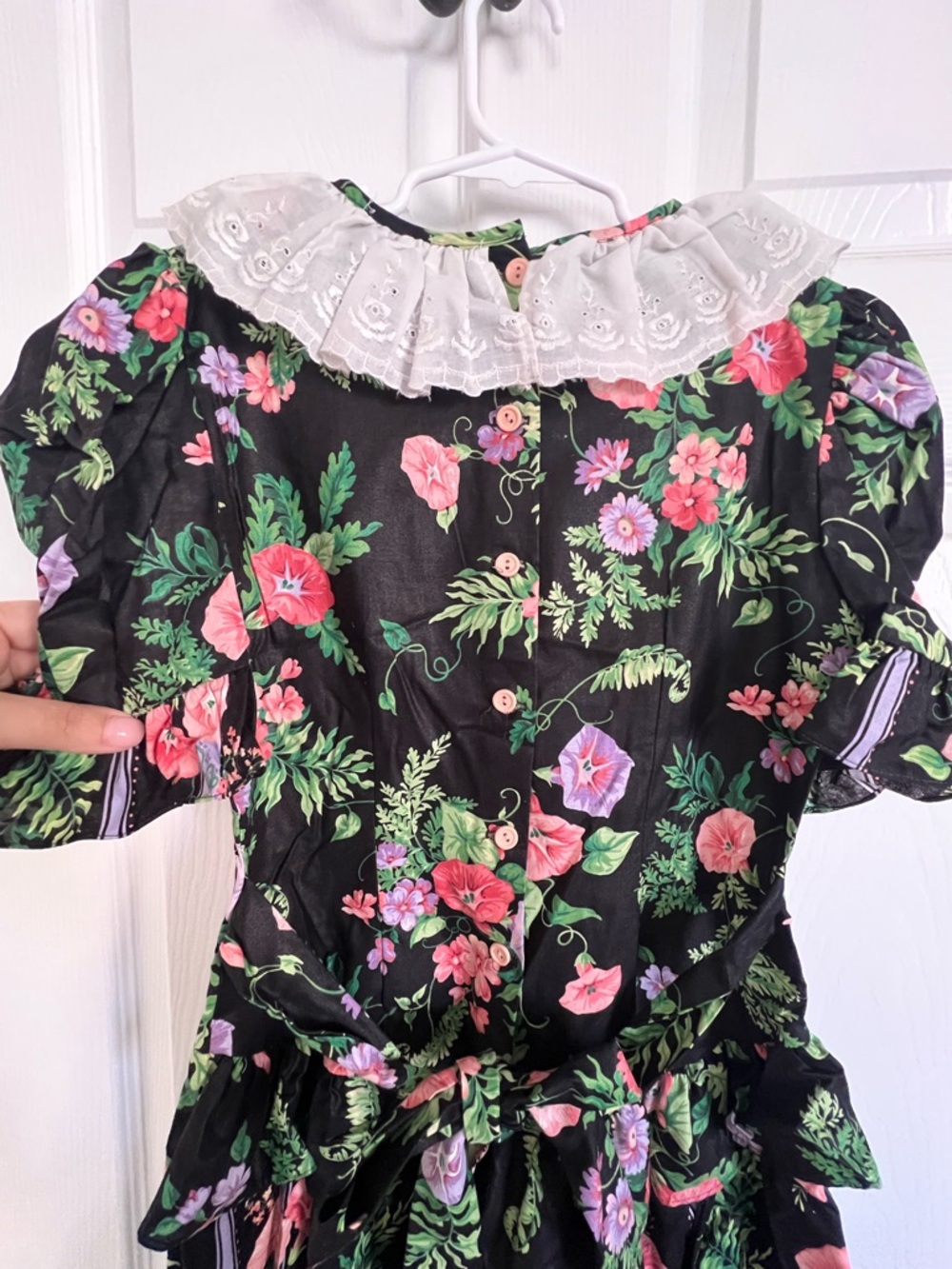 Girls Black Floral Dress with White Eyelet Collar (Vintage Sarah Kent)